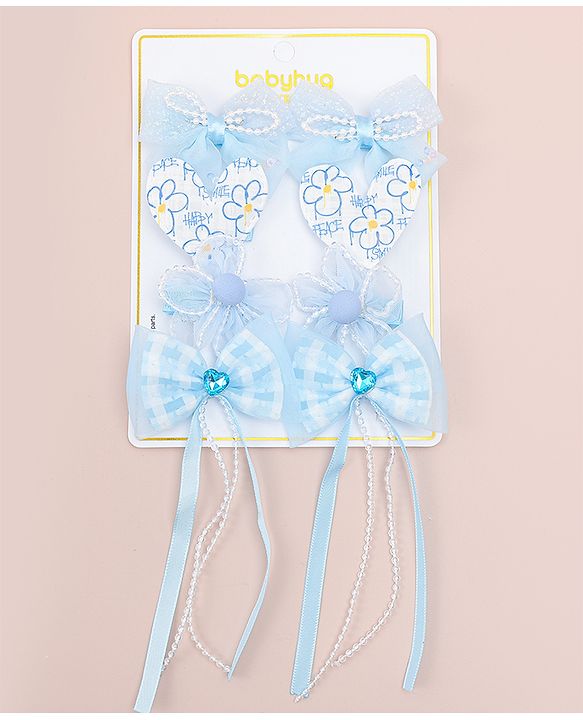 Babyhug Hair Pins And Clips WIth Floral And Hearts Applique  Free Size Pack of 8 - Blue