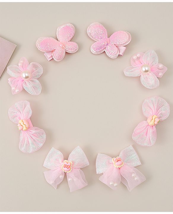 Babyhug Bow, Butterfly and Floral Applique Hair Clips Pack of 8 - Pink