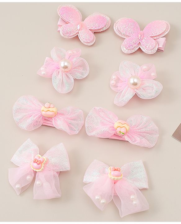 Babyhug Bow, Butterfly and Floral Applique Hair Clips Pack of 8 - Pink