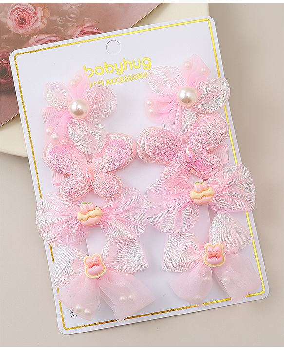 Babyhug Bow, Butterfly and Floral Applique Hair Clips Pack of 8 - Pink