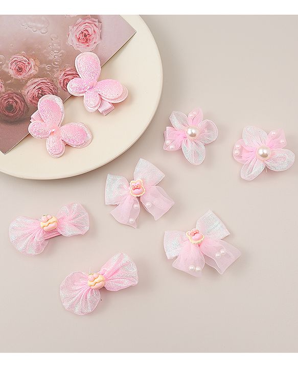 Babyhug Bow, Butterfly and Floral Applique Hair Clips Pack of 8 - Pink