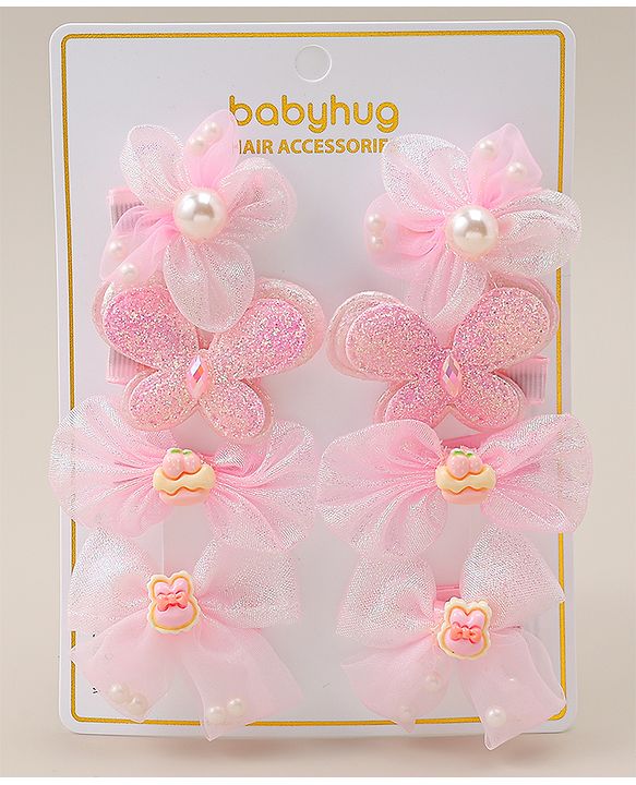 Babyhug Bow, Butterfly and Floral Applique Hair Clips Pack of 8 - Pink