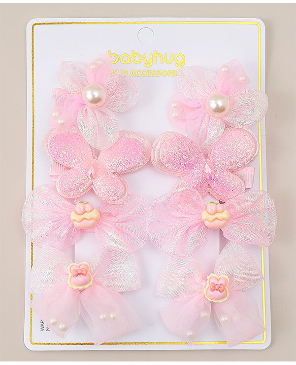 Babyhug Bow, Butterfly and Floral Applique Hair Clips Pack of 8 - Pink