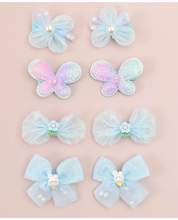 Babyhug Bow, Butterfly and Floral Applique Hair Clips Pack of 8 - Blue
