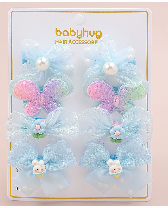 Babyhug Bow, Butterfly and Floral Applique Hair Clips Pack of 8 - Blue