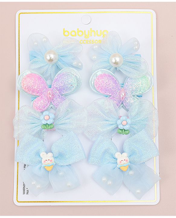 Babyhug Bow, Butterfly and Floral Applique Hair Clips Pack of 8 - Blue