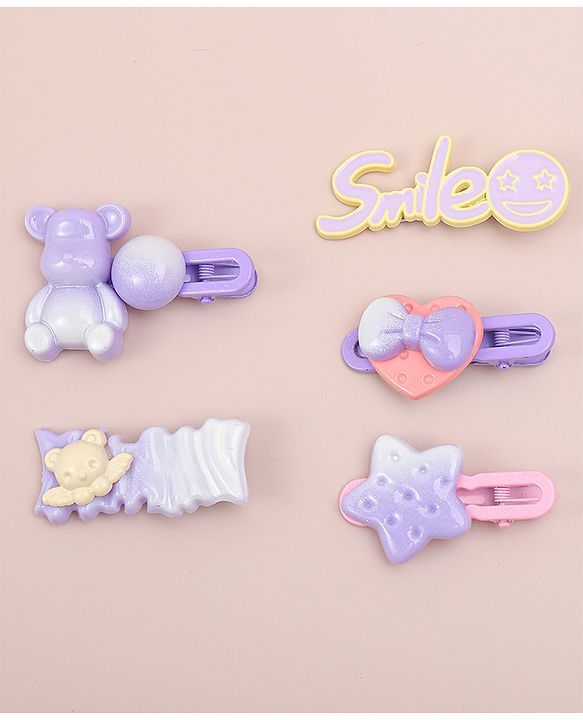 Babyhug Hair Pins And Clips   With Animals And Hearts Applique Free Size Pack of 5 - Purple