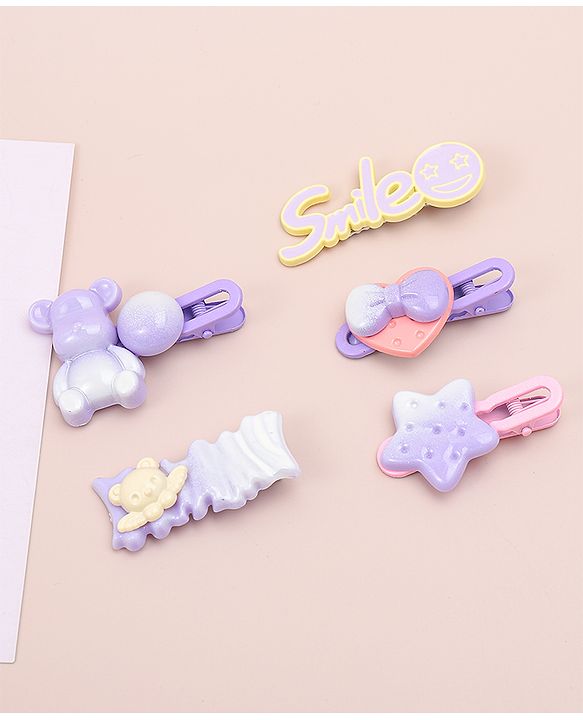 Babyhug Hair Pins And Clips   With Animals And Hearts Applique Free Size Pack of 5 - Purple