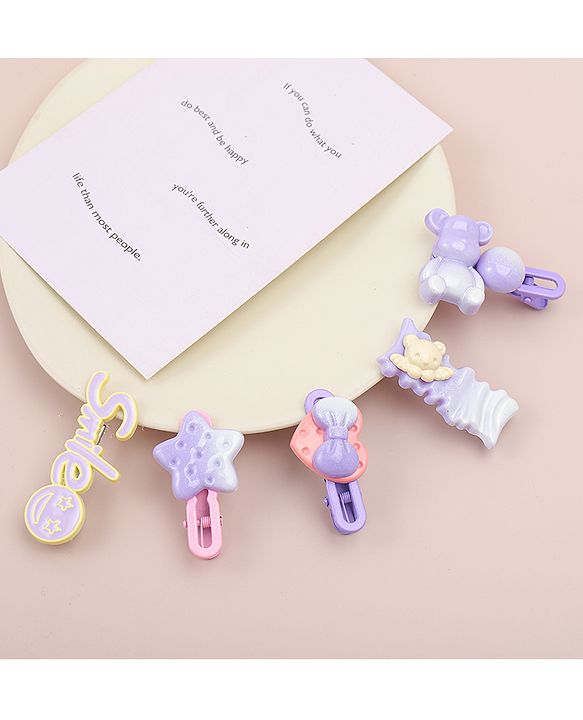 Babyhug Hair Pins And Clips   With Animals And Hearts Applique Free Size Pack of 5 - Purple