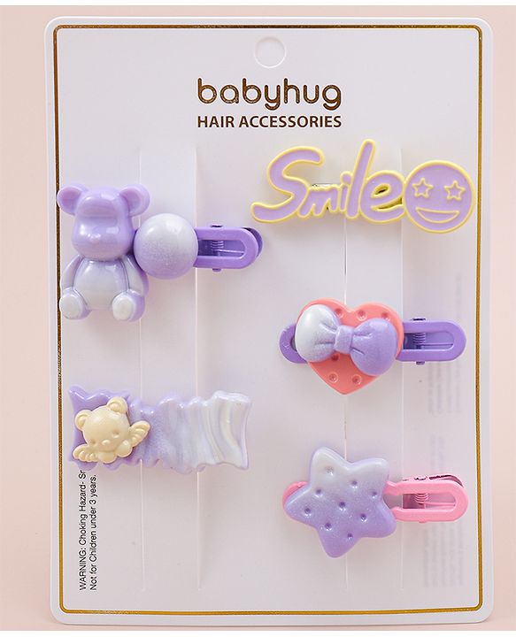 Babyhug Hair Pins And Clips   With Animals And Hearts Applique Free Size Pack of 5 - Purple