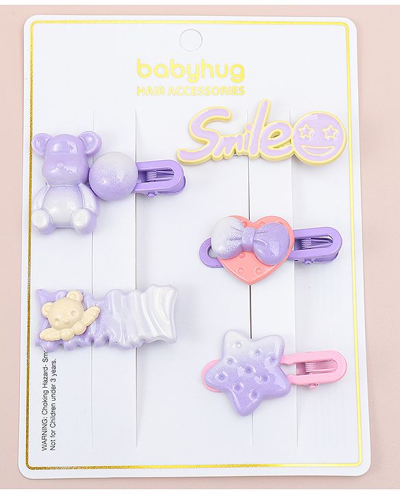 Babyhug Hair Pins And Clips   With Animals And Hearts Applique Free Size Pack of 5 - Purple