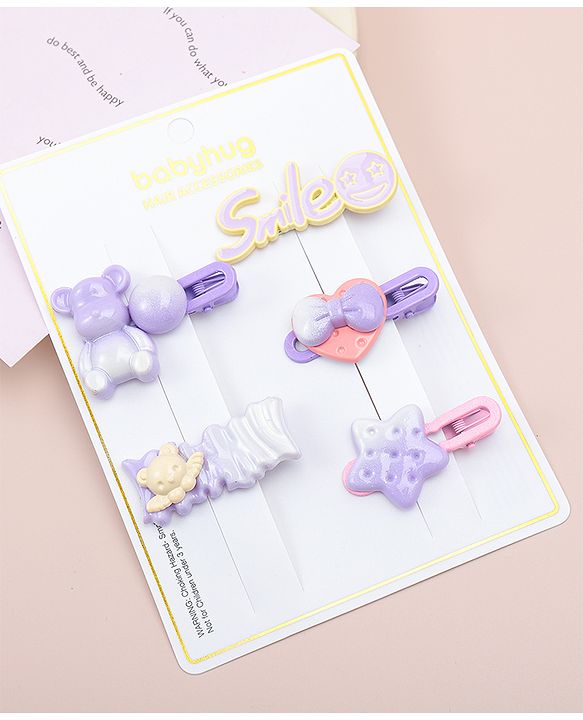 Babyhug Hair Pins And Clips   With Animals And Hearts Applique Free Size Pack of 5 - Purple