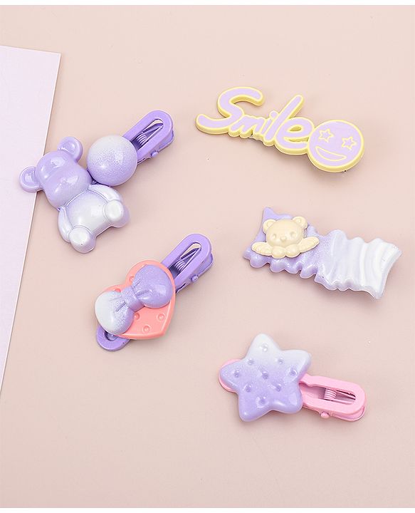 Babyhug Hair Pins And Clips   With Animals And Hearts Applique Free Size Pack of 5 - Purple