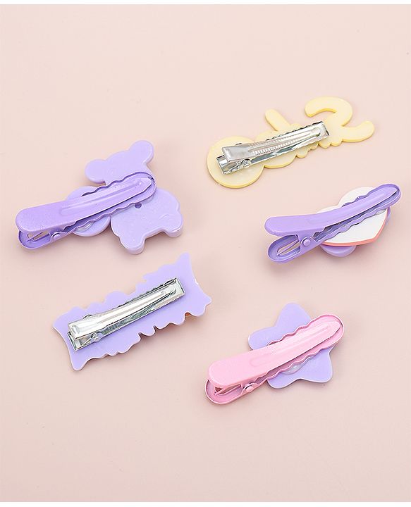 Babyhug Hair Pins And Clips   With Animals And Hearts Applique Free Size Pack of 5 - Purple