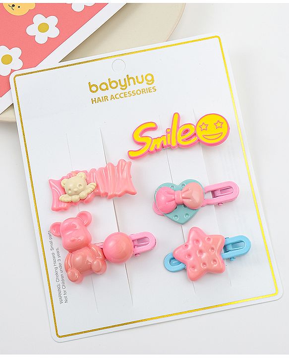 Babyhug Hair Pins And Clips   With Animals And Hearts Applique Free Size Pack of 5 - Purple