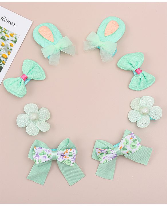 Babyhug Bow and Floral Applique Hair Clips Pack of 4 - Green