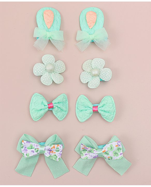 Babyhug Bow and Floral Applique Hair Clips Pack of 4 - Green