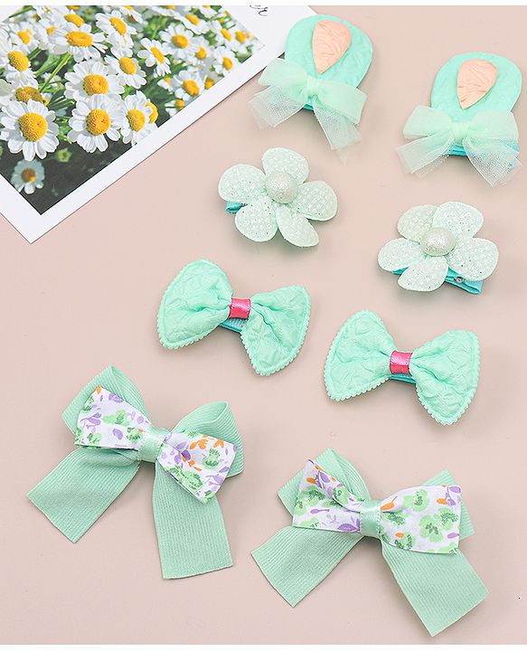 Babyhug Bow and Floral Applique Hair Clips Pack of 4 - Green