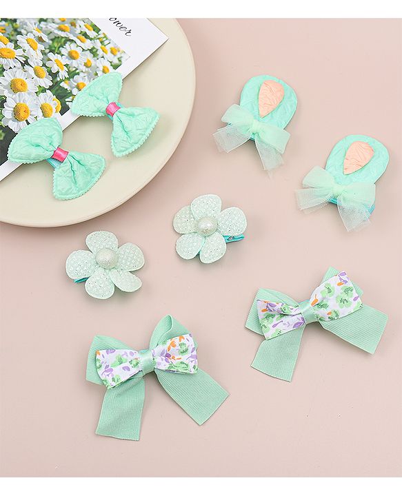 Babyhug Bow and Floral Applique Hair Clips Pack of 4 - Green
