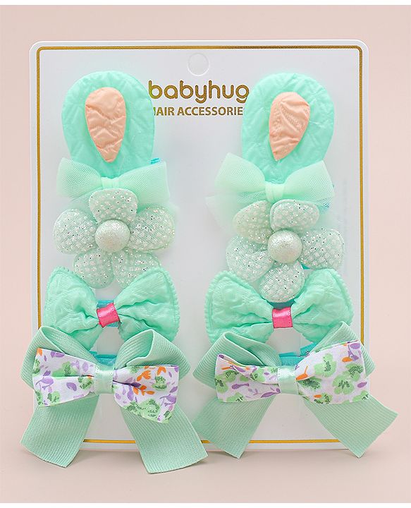 Babyhug Bow and Floral Applique Hair Clips Pack of 4 - Green
