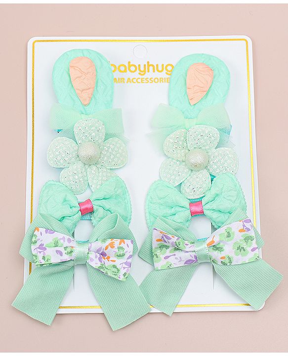 Babyhug Bow and Floral Applique Hair Clips Pack of 4 - Green