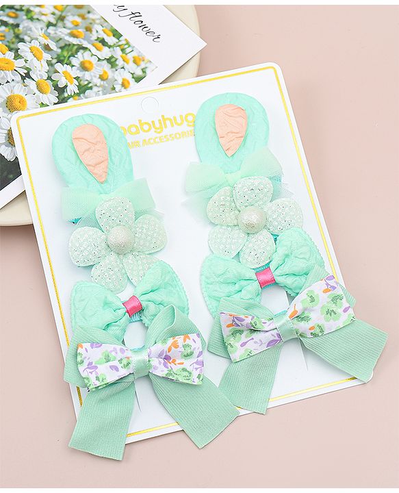 Babyhug Bow and Floral Applique Hair Clips Pack of 4 - Green