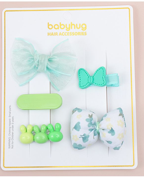 Babyhug Bow Hair Clips Pack of 5 - Green