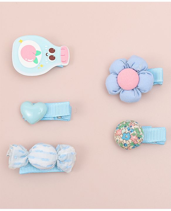 Babyhug Heart, Floral and Candy Applique Hair Clips Pack of 5 - Blue