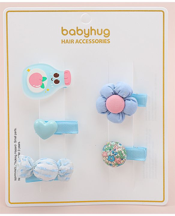 Babyhug Heart, Floral and Candy Applique Hair Clips Pack of 5 - Blue