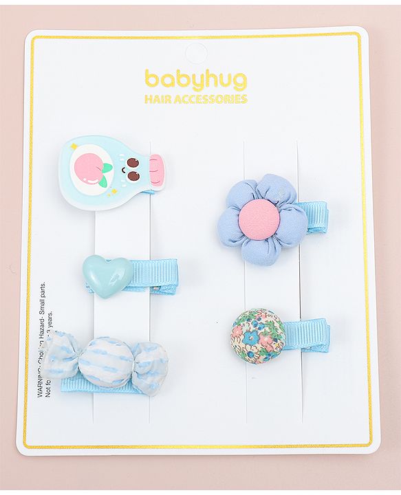 Babyhug Heart, Floral and Candy Applique Hair Clips Pack of 5 - Blue