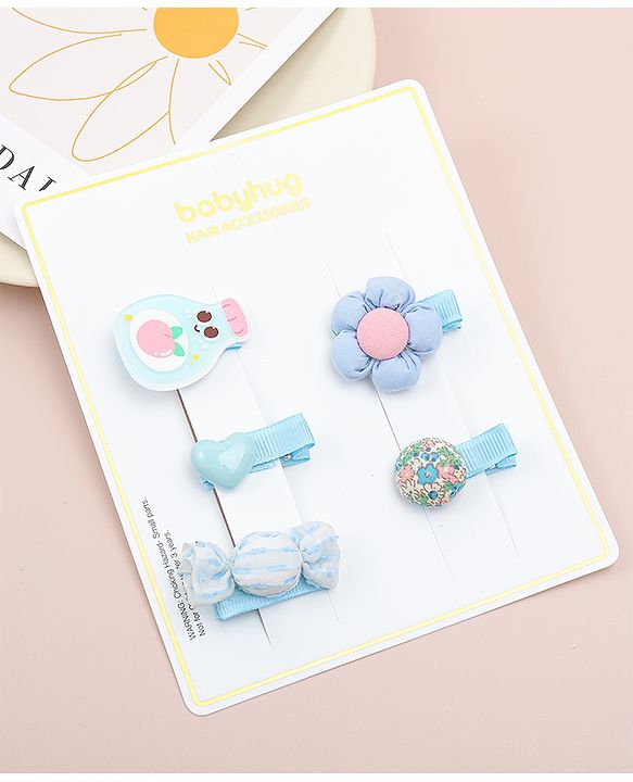 Babyhug Heart, Floral and Candy Applique Hair Clips Pack of 5 - Blue