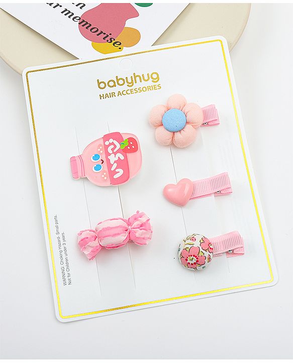 Babyhug Heart, Floral and Candy Applique Hair Clips Pack of 5 - Blue