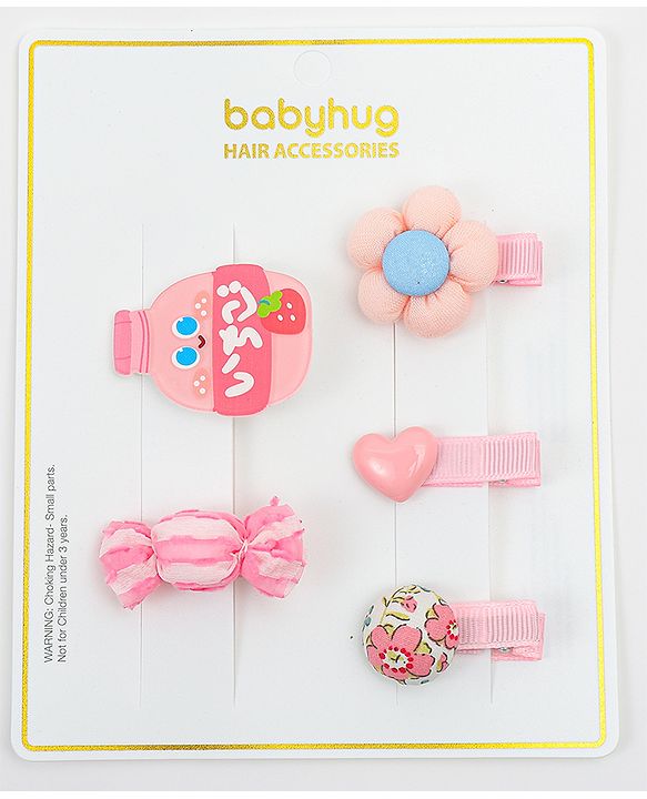 Babyhug Heart, Floral and Candy Applique Hair Clips Pack of 5 - Blue