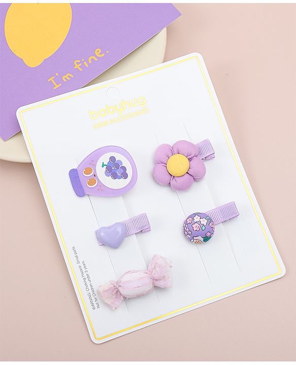 Babyhug Heart, Floral and Candy Applique Hair Clips Pack of 5 - Blue