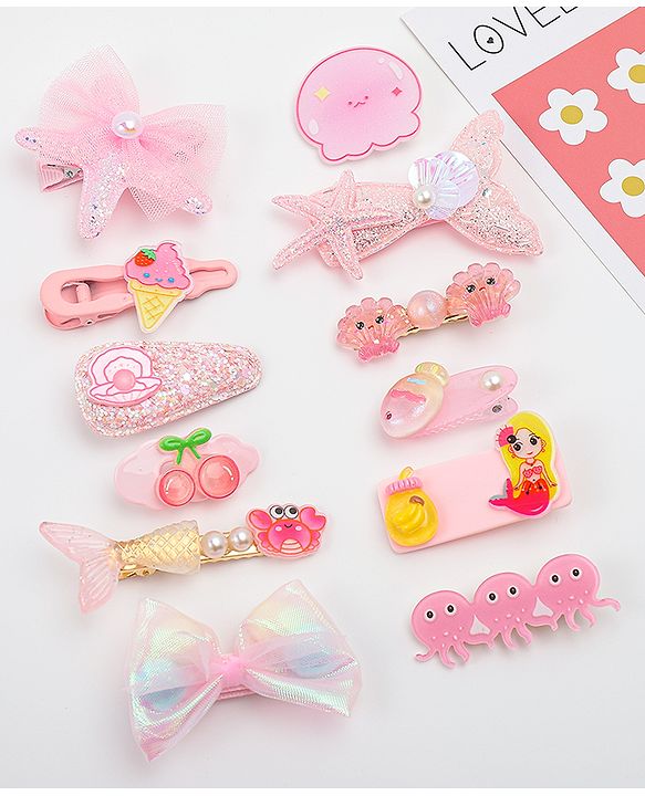 Babyhug Hair Pins And Clips With Character Prints And Floral Applique  Free Size Pack of 12 - Pink