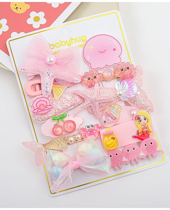 Babyhug Hair Pins And Clips With Character Prints And Floral Applique  Free Size Pack of 12 - Pink