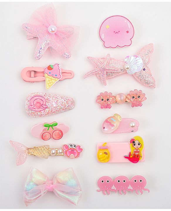 Babyhug Hair Pins And Clips With Character Prints And Floral Applique  Free Size Pack of 12 - Pink