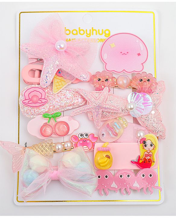 Babyhug Hair Pins And Clips With Character Prints And Floral Applique  Free Size Pack of 12 - Pink