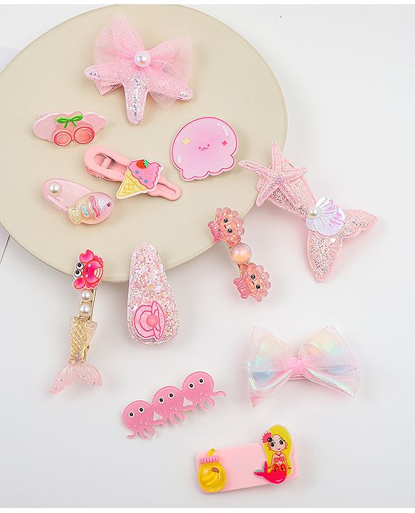 Babyhug Hair Pins And Clips With Character Prints And Floral Applique  Free Size Pack of 12 - Pink