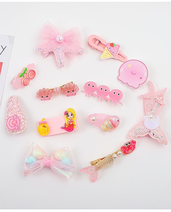 Babyhug Hair Pins And Clips With Character Prints And Floral Applique  Free Size Pack of 12 - Pink