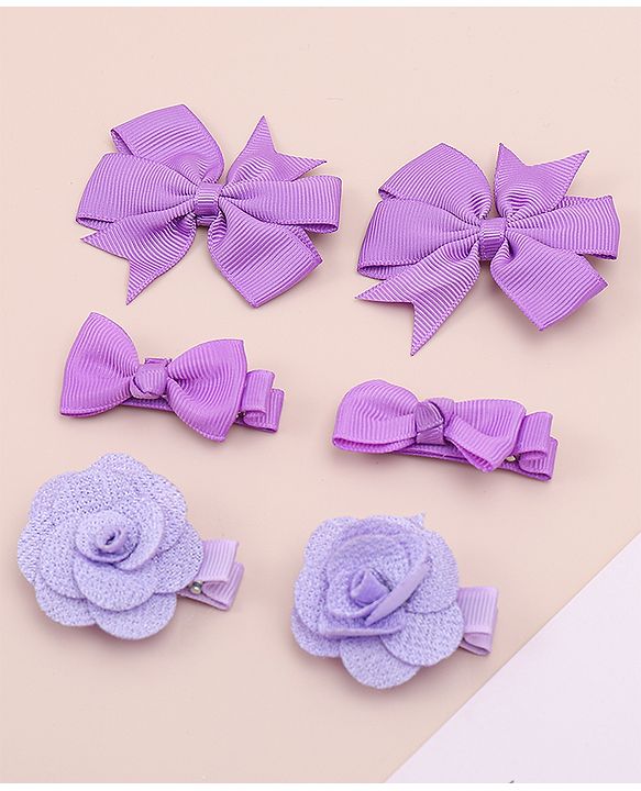 Babyhug Bow & Butterfly Clips With Floral Applique  Free Size Pack of 3 - Purple