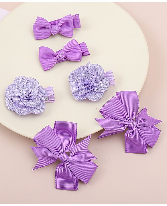 Babyhug Bow & Butterfly Clips With Floral Applique  Free Size Pack of 3 - Purple