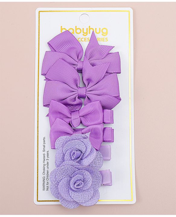 Babyhug Bow & Butterfly Clips With Floral Applique  Free Size Pack of 3 - Purple