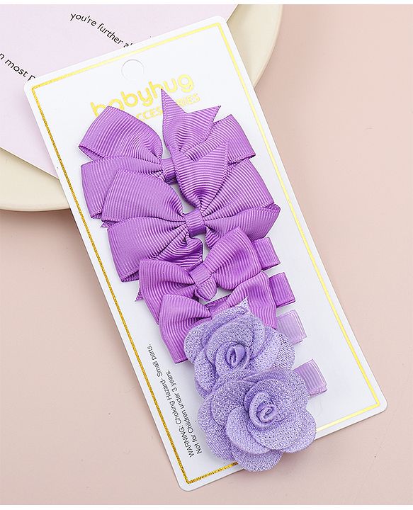 Babyhug Bow & Butterfly Clips With Floral Applique  Free Size Pack of 3 - Purple