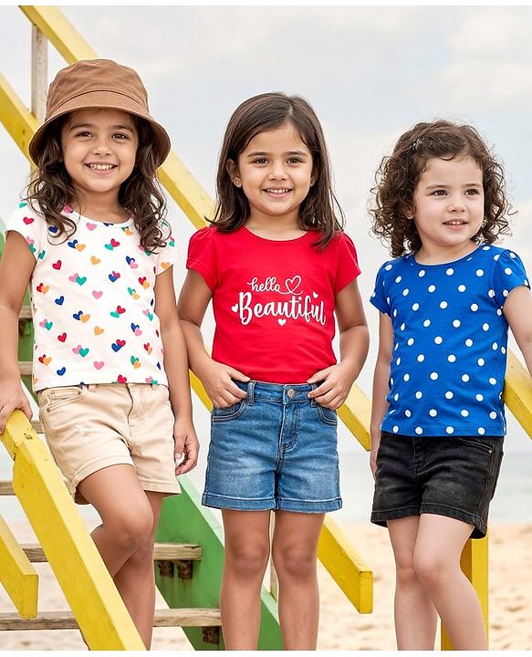 Babyhug 100% Cotton Knit Half Sleeves T-Shirts with Heart & Polka Dot Print Pack of 3 - Navy Blue Red & White