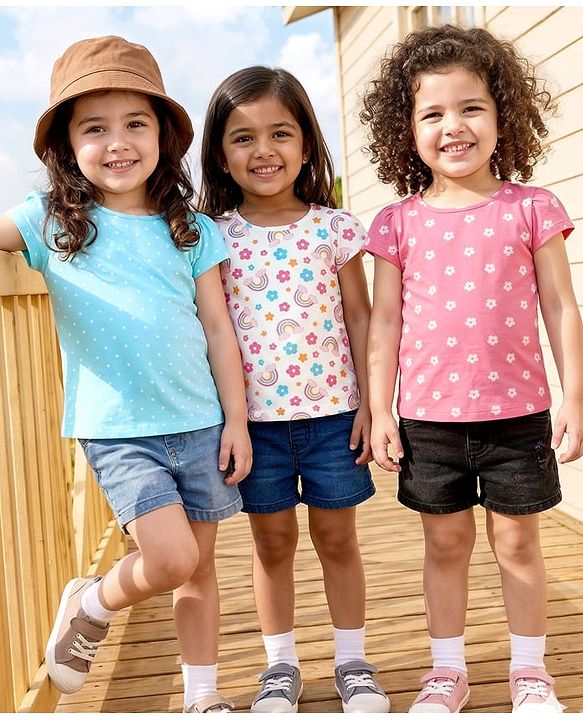 Babyhug 100% Cotton Knit Half Sleeves T-Shirts with Floral & Polka Dot Print Pack of 3 - Light Blue Pink & White