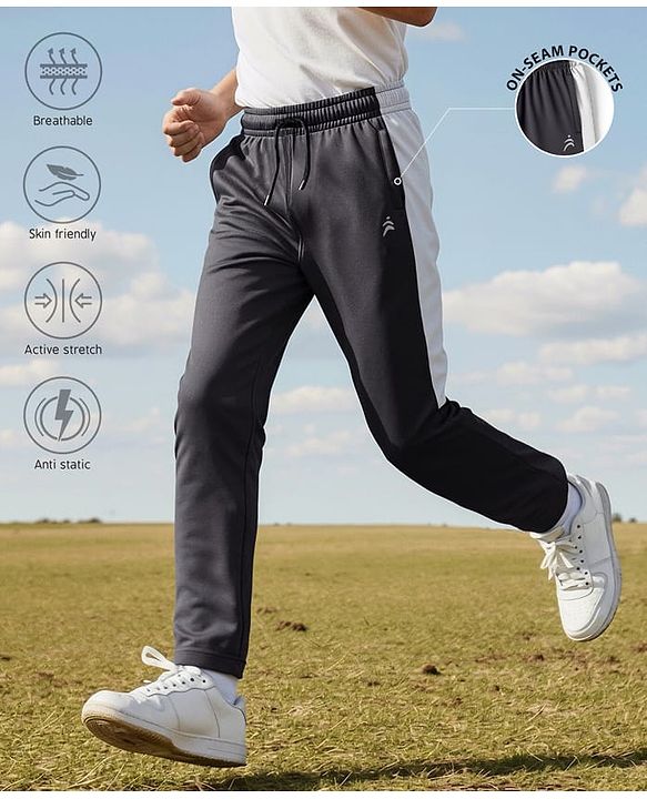 Pine Active Knit Full Length Super Stretch Solid Coloured Track Pant with Tape Detailing -  Dark Grey