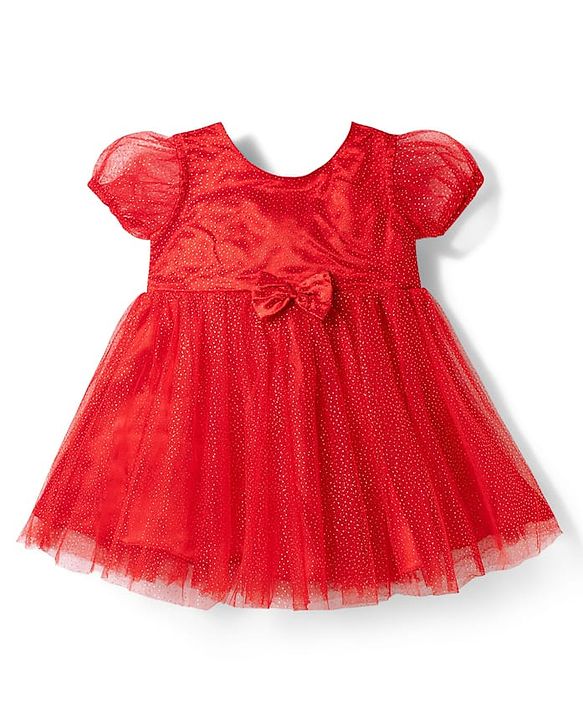 Babyhug Mesh Woven Half Puffed Sleeves Glitter Party Dress With Rhinestones Detailing & Bow Applique - Red