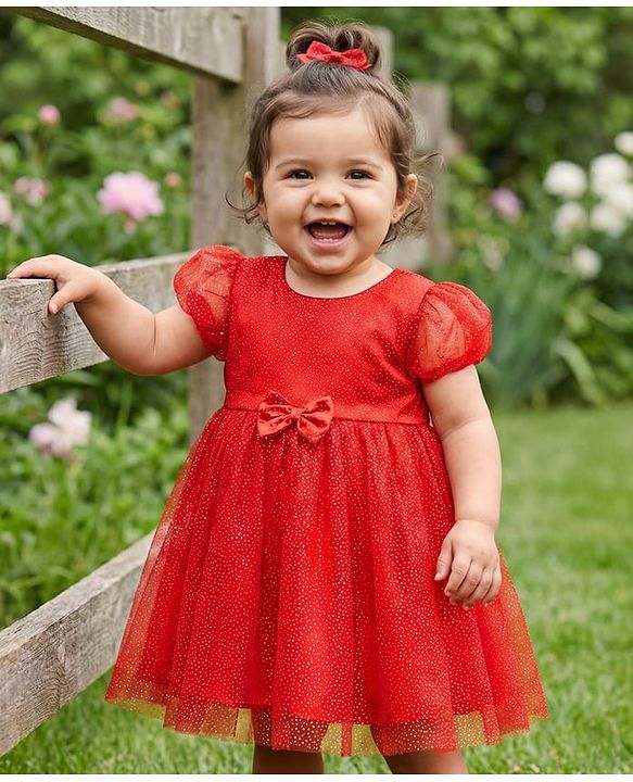 Babyhug Mesh Woven Half Puffed Sleeves Glitter Party Dress With Rhinestones Detailing & Bow Applique - Red