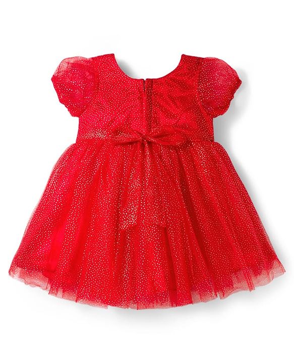 Babyhug Mesh Woven Half Puffed Sleeves Glitter Party Dress With Rhinestones Detailing & Bow Applique - Red